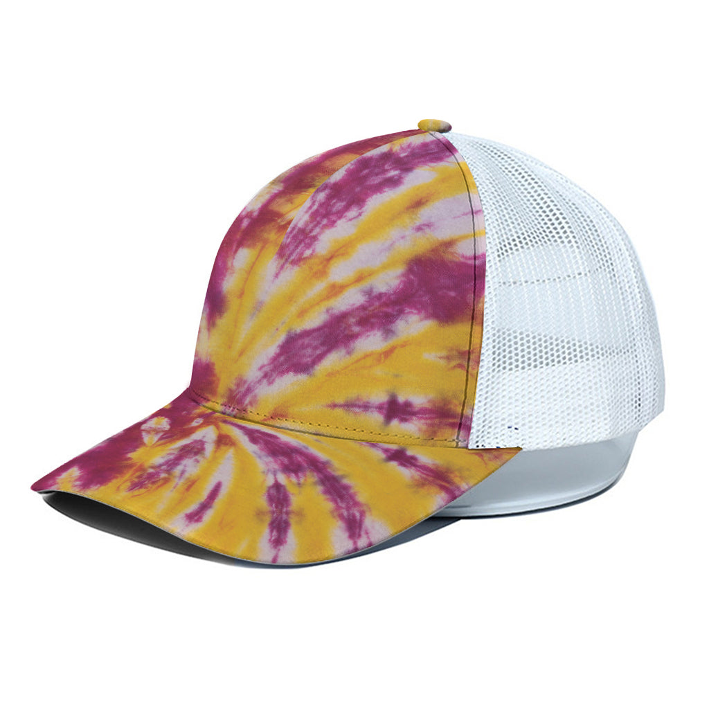 Red And Yellow Spider Tie Dye Print White Mesh Trucker Cap