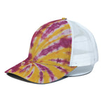 Red And Yellow Spider Tie Dye Print White Mesh Trucker Cap