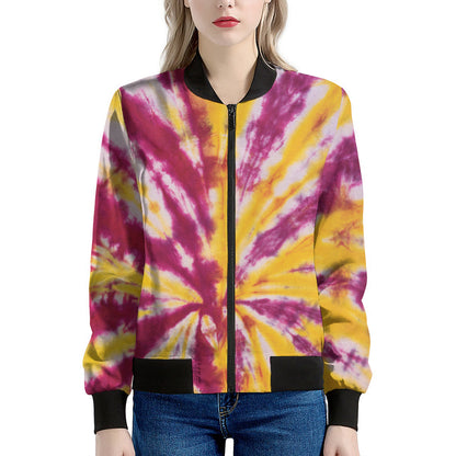 Red And Yellow Spider Tie Dye Print Women's Bomber Jacket