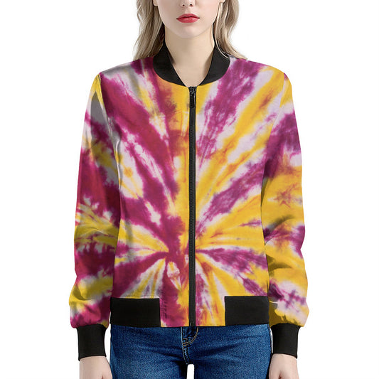 Red And Yellow Spider Tie Dye Print Women's Bomber Jacket