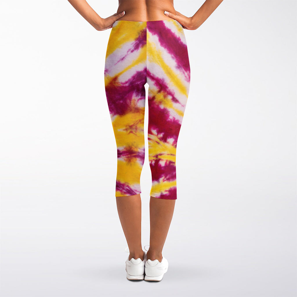 Red And Yellow Spider Tie Dye Print Women's Capri Leggings