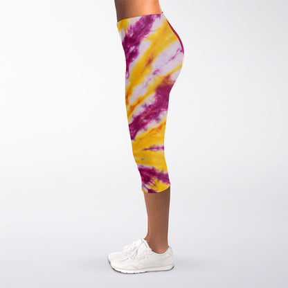 Red And Yellow Spider Tie Dye Print Women's Capri Leggings