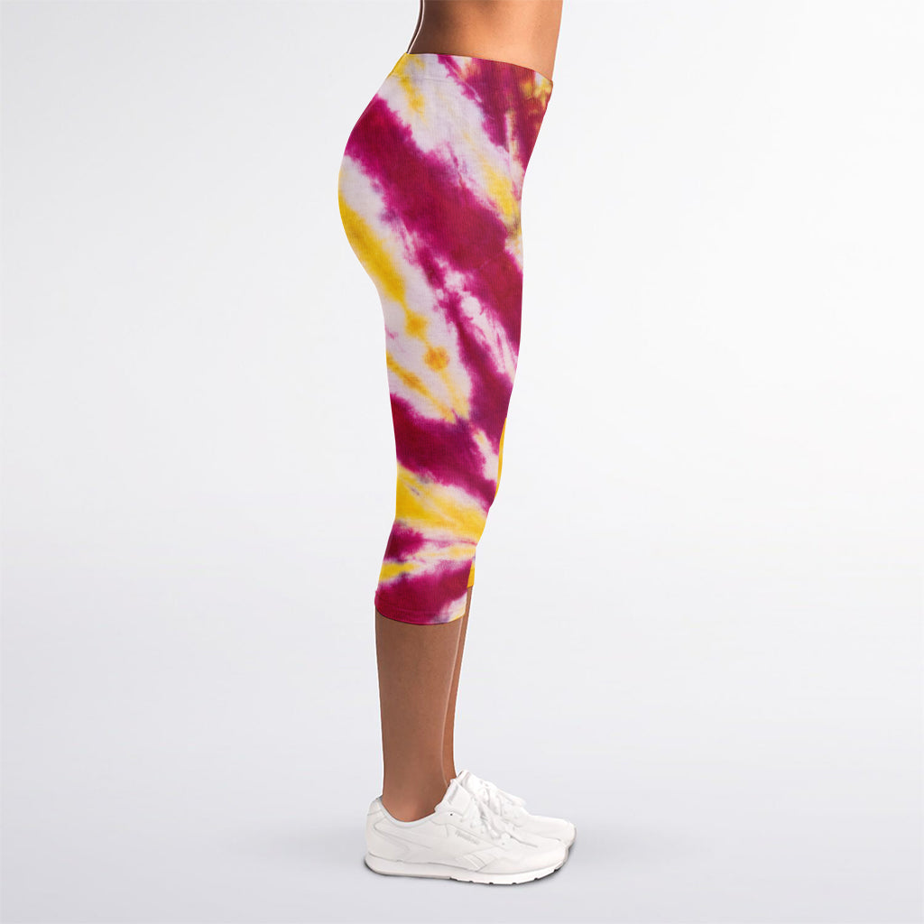 Red And Yellow Spider Tie Dye Print Women's Capri Leggings