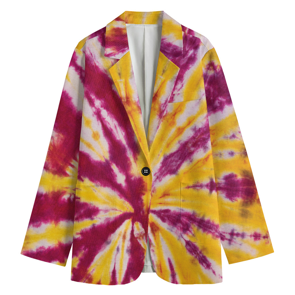 Red And Yellow Spider Tie Dye Print Women's Cotton Blazer