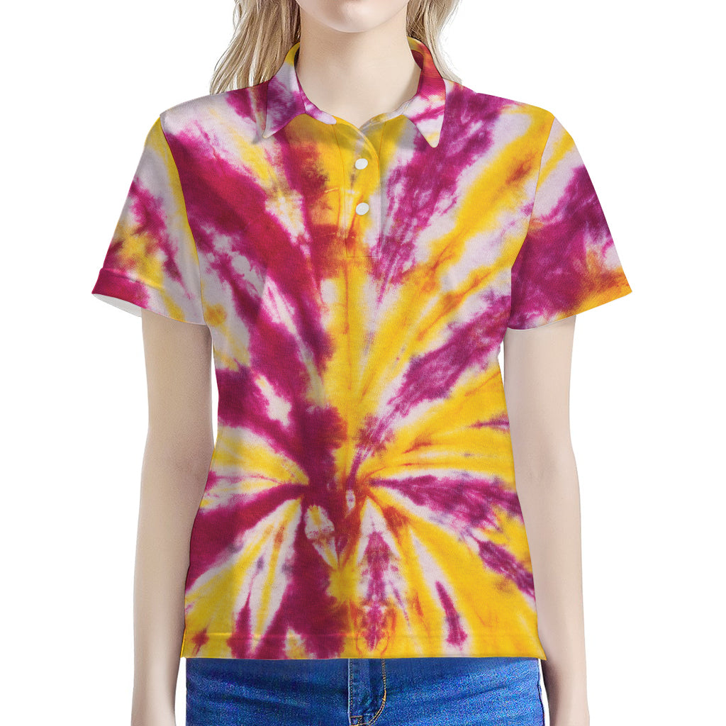 Red And Yellow Spider Tie Dye Print Women's Polo Shirt