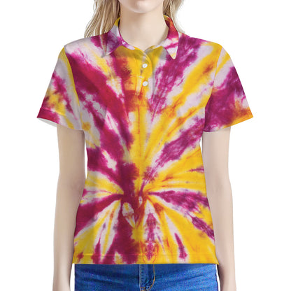 Red And Yellow Spider Tie Dye Print Women's Polo Shirt