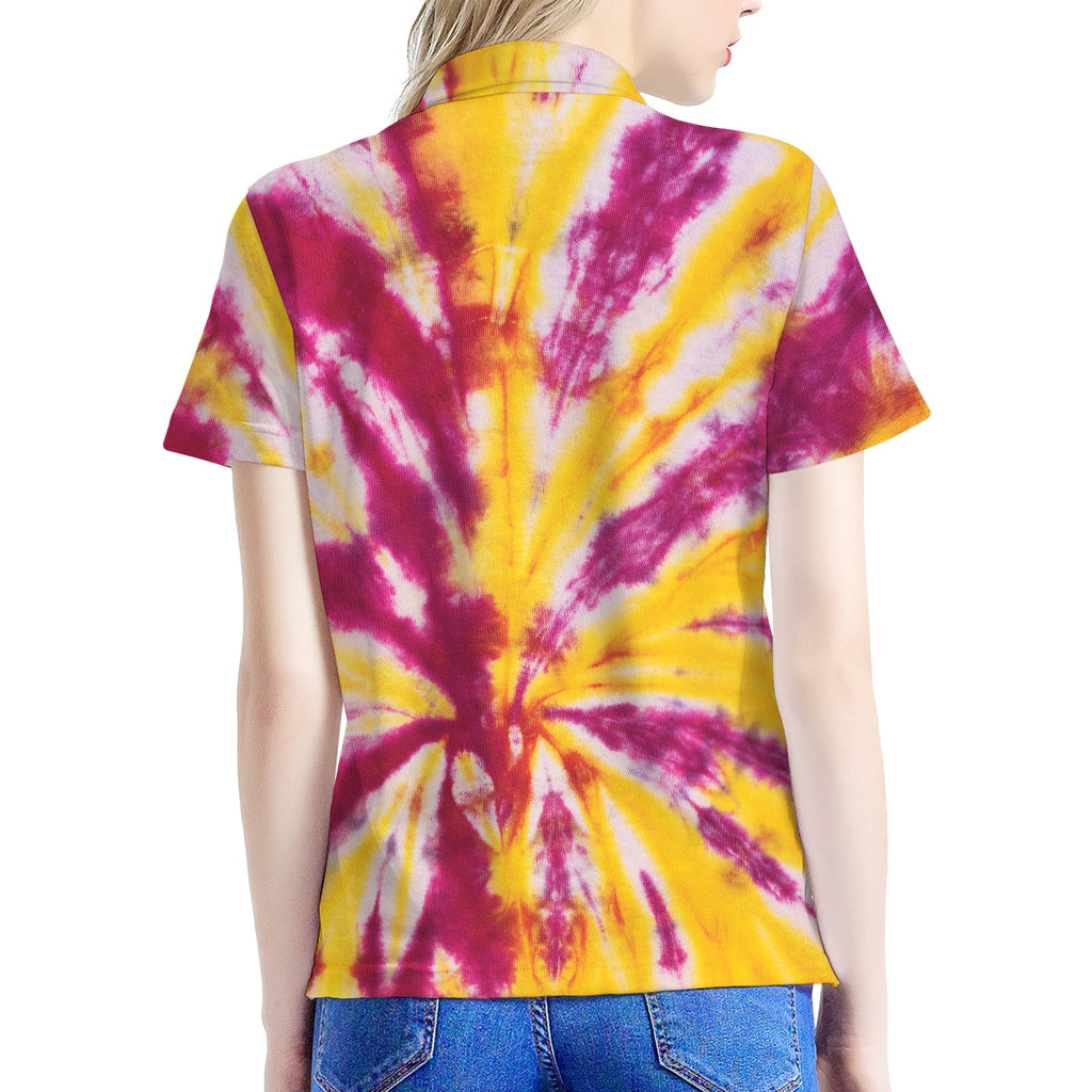 Red And Yellow Spider Tie Dye Print Women's Polo Shirt