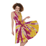 Red And Yellow Spider Tie Dye Print Women's Sleeveless Dress