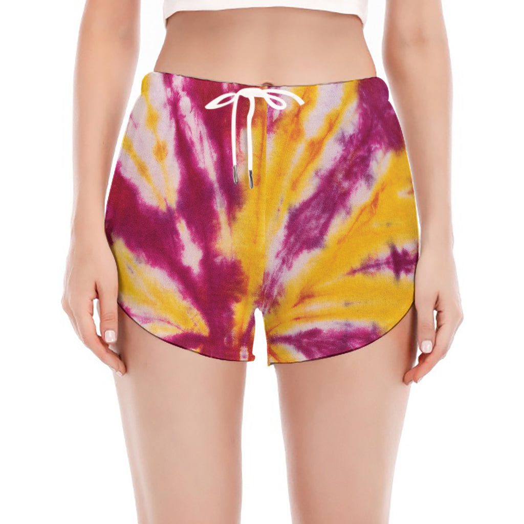 Red And Yellow Spider Tie Dye Print Women's Split Running Shorts