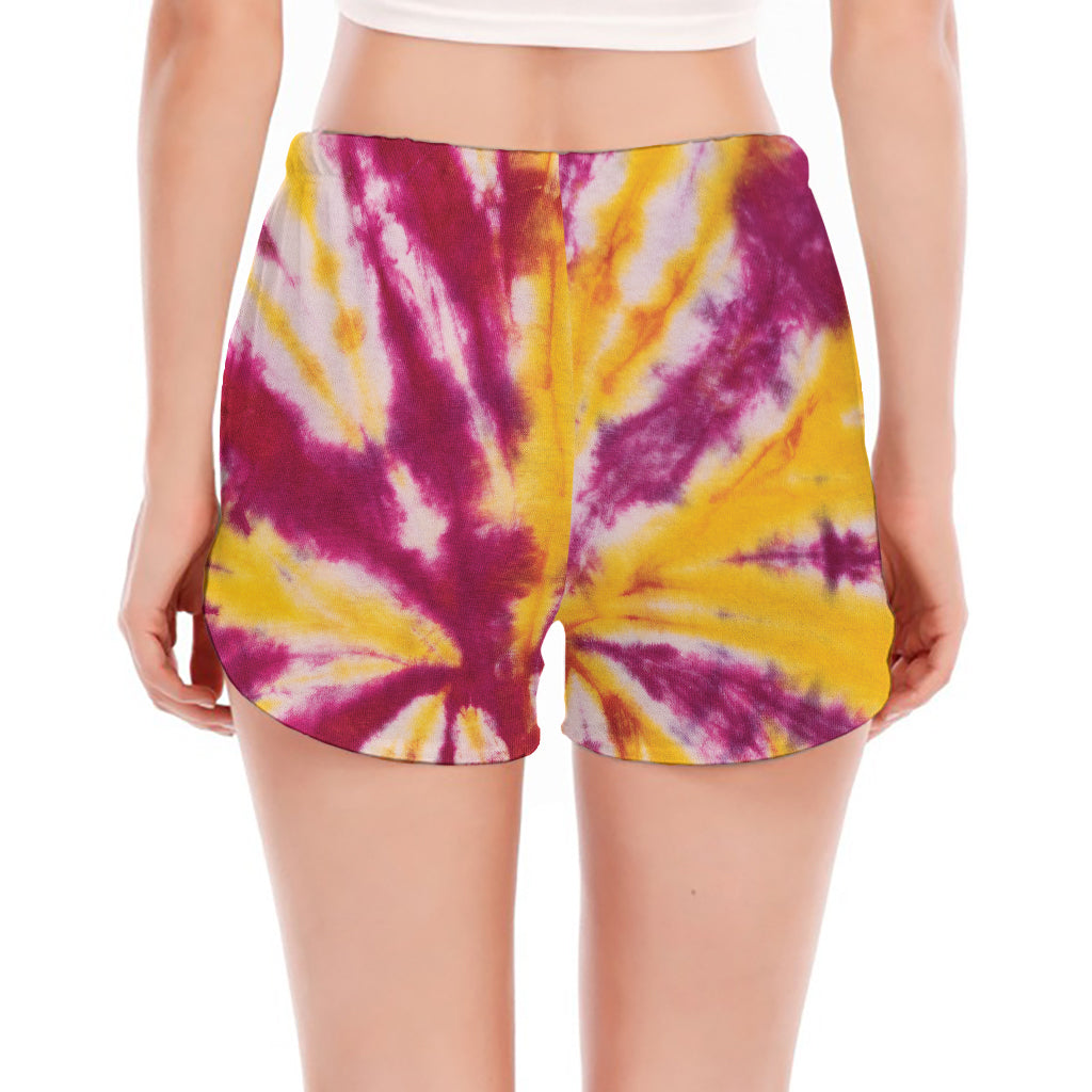 Red And Yellow Spider Tie Dye Print Women's Split Running Shorts