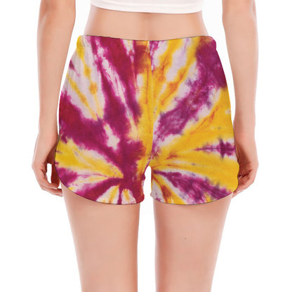 Red And Yellow Spider Tie Dye Print Women's Split Running Shorts