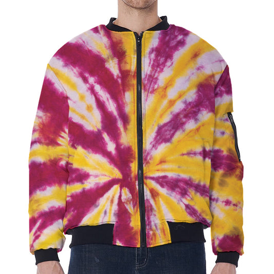 Red And Yellow Spider Tie Dye Print Zip Sleeve Bomber Jacket