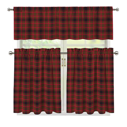Red And Yellow Tartan Pattern Print 3 Piece Kitchen Curtains