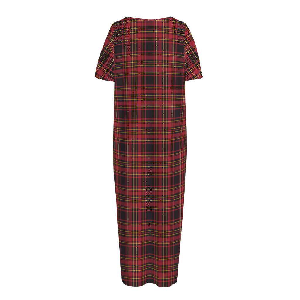 Red And Yellow Tartan Pattern Print Short Sleeve Long Nightdress