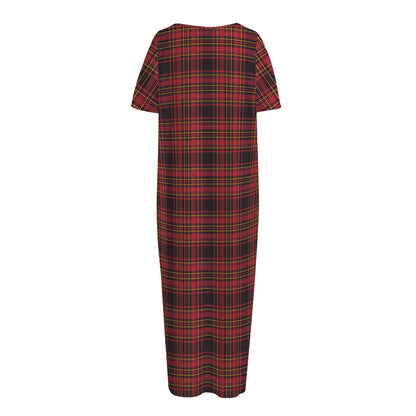 Red And Yellow Tartan Pattern Print Short Sleeve Long Nightdress