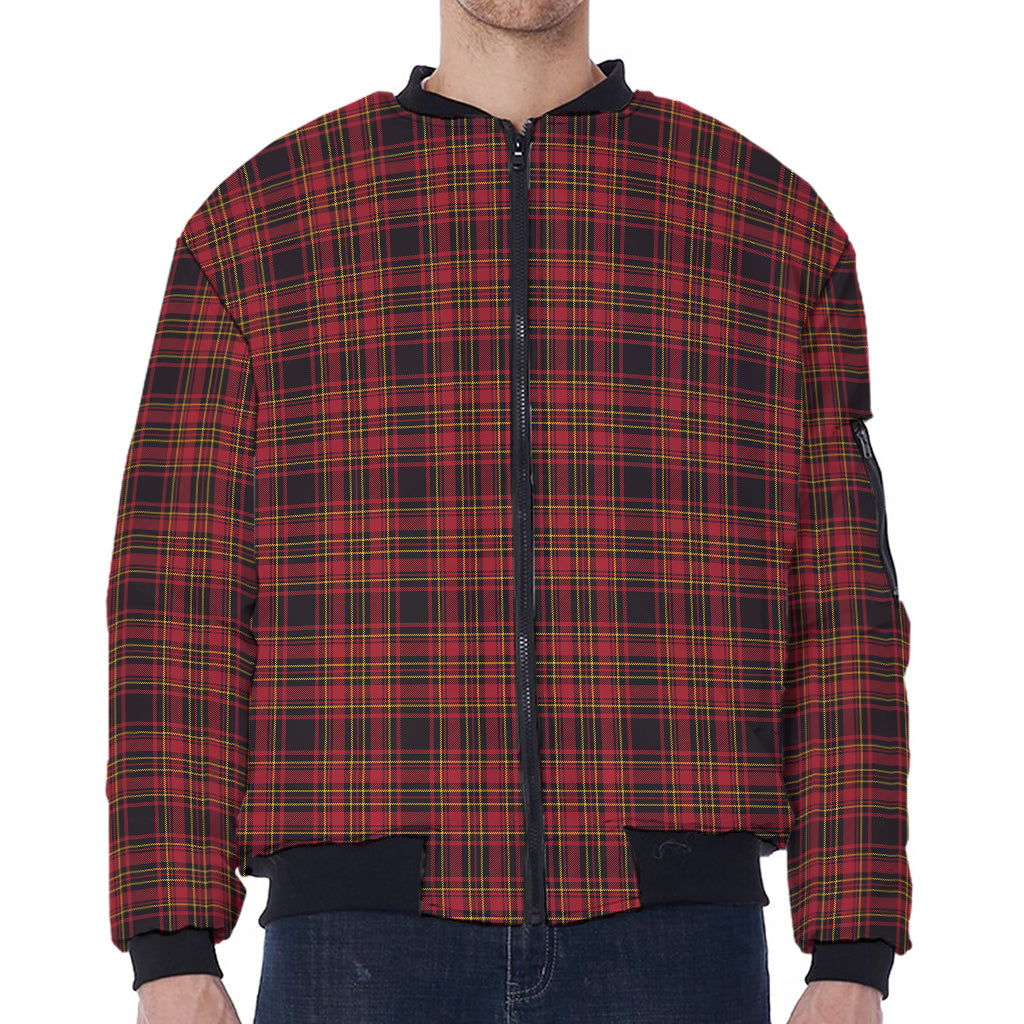 Red And Yellow Tartan Pattern Print Zip Sleeve Bomber Jacket