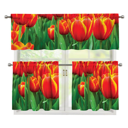 Red And Yellow Tulip Print 3 Piece Kitchen Curtains