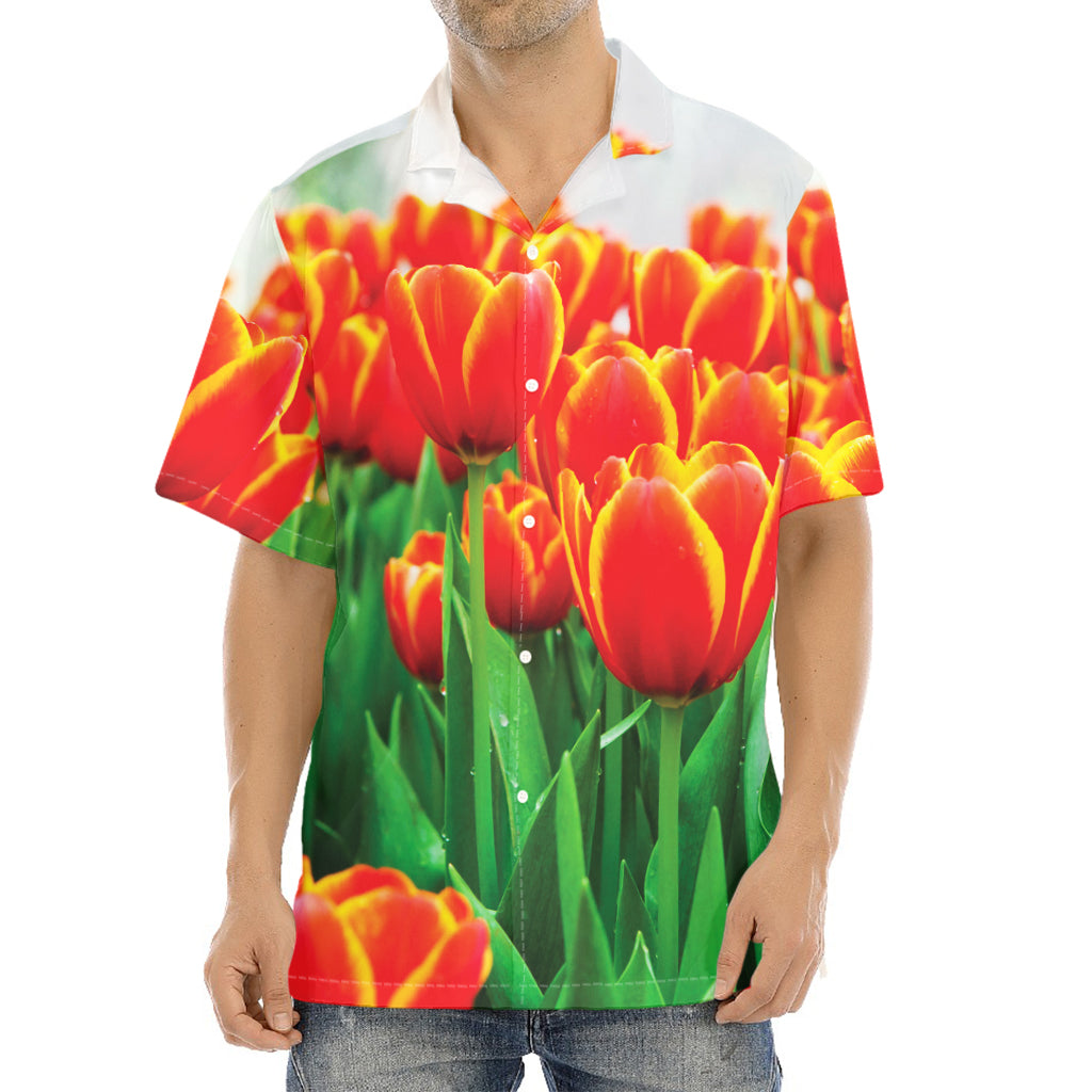 Red And Yellow Tulip Print Aloha Shirt