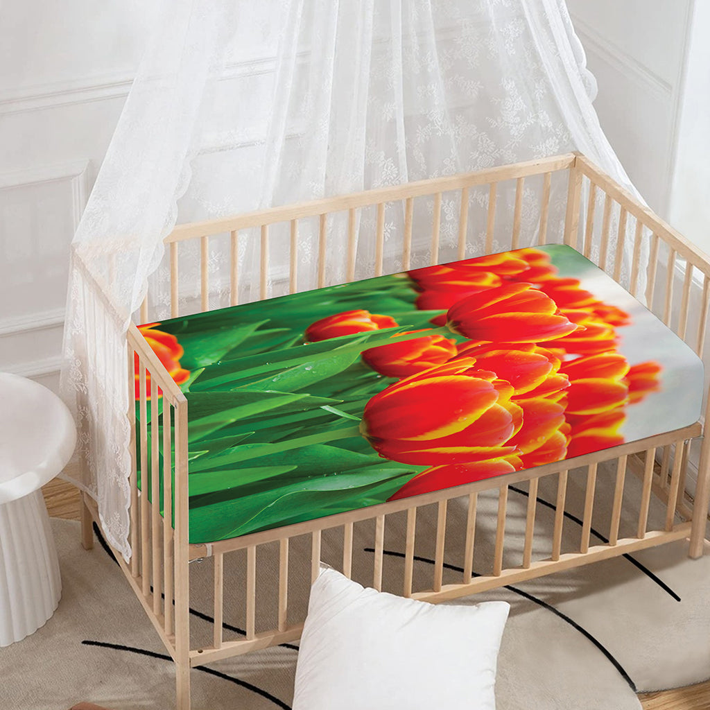 Red And Yellow Tulip Print Baby Crib Sheet
