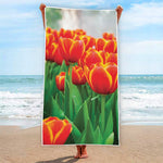 Red And Yellow Tulip Print Beach Towel