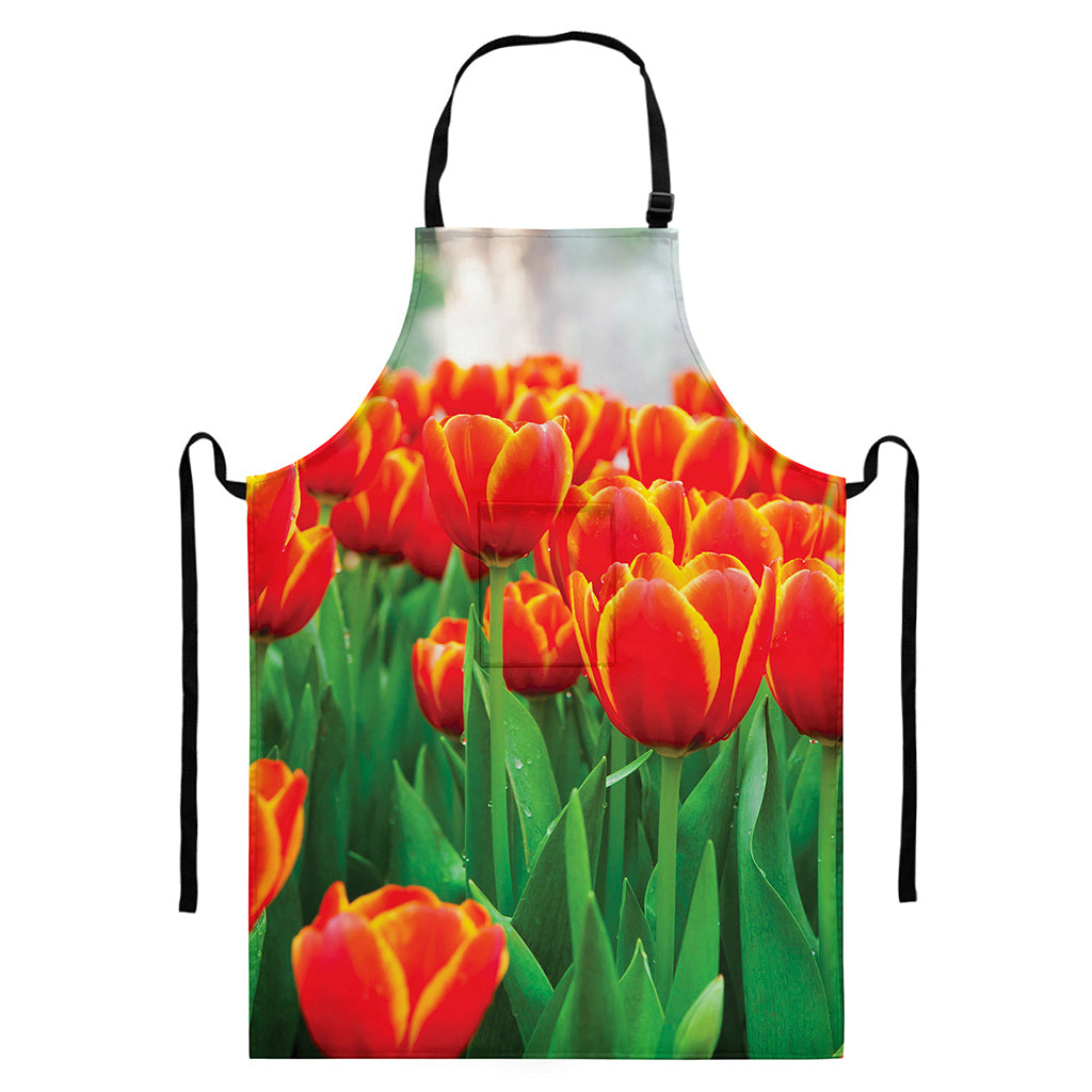 Red And Yellow Tulip Print Bib Apron With Pocket