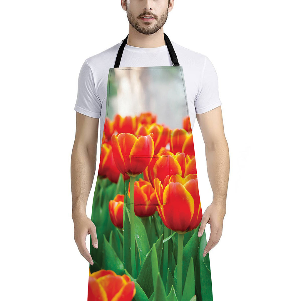 Red And Yellow Tulip Print Bib Apron With Pocket