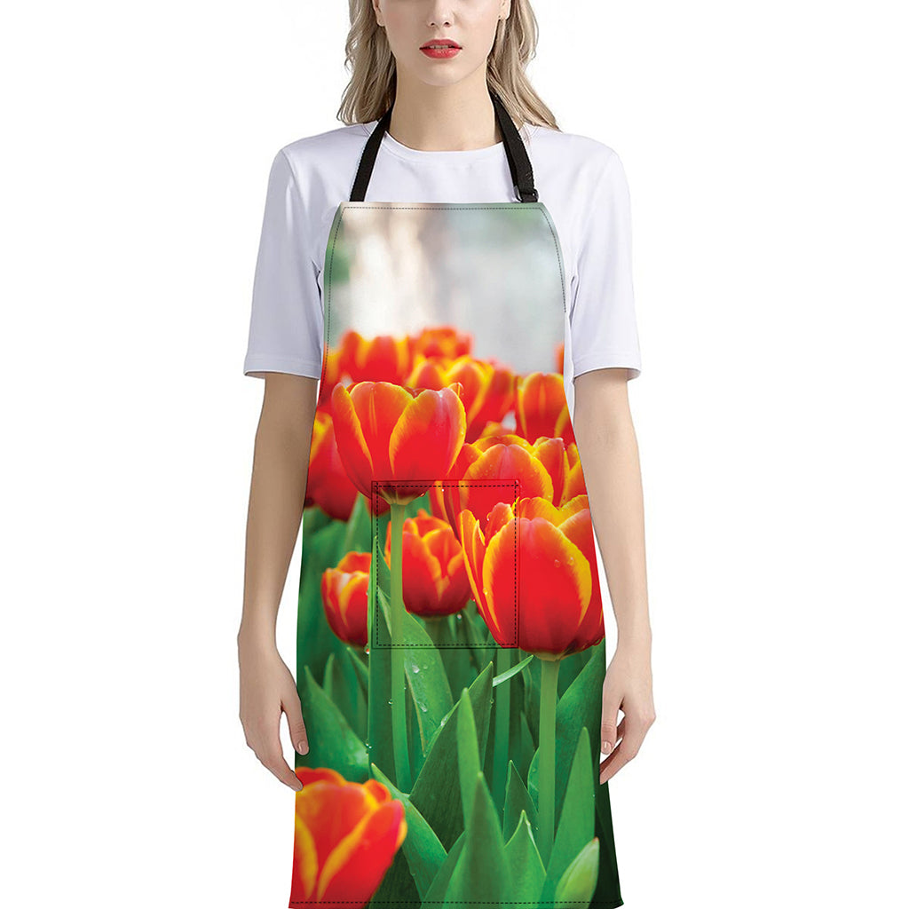 Red And Yellow Tulip Print Bib Apron With Pocket