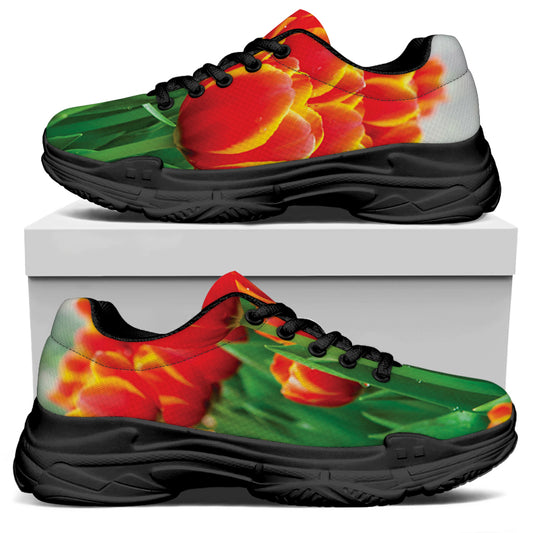 Red And Yellow Tulip Print Black Chunky Shoes
