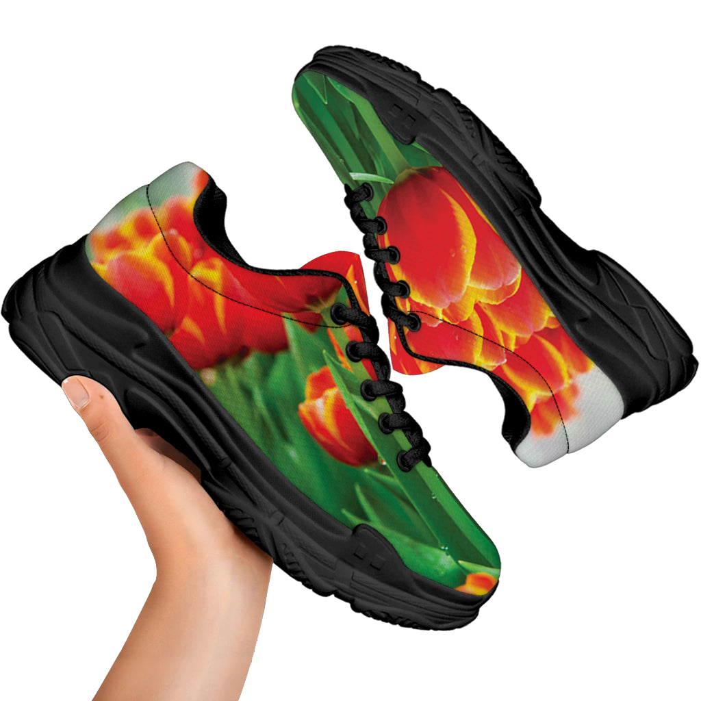 Red And Yellow Tulip Print Black Chunky Shoes