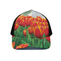 Red And Yellow Tulip Print Black Mesh Trucker Hat
