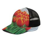 Red And Yellow Tulip Print Black Mesh Trucker Cap
