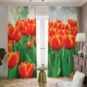 Red And Yellow Tulip Print Blackout Pencil Pleat Curtains