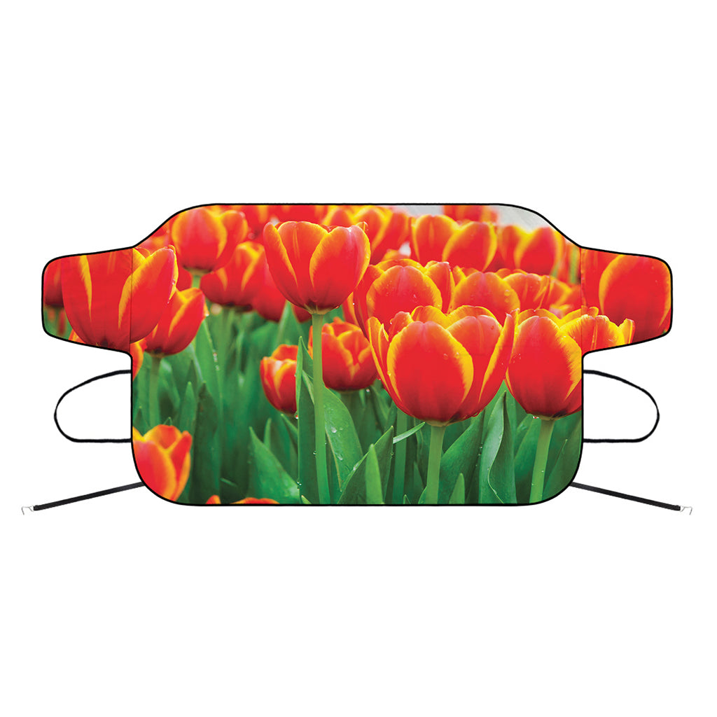 Red And Yellow Tulip Print Car Windshield Snow Cover