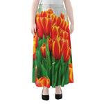 Red And Yellow Tulip Print Chiffon Maxi Skirt