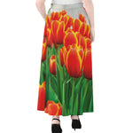 Red And Yellow Tulip Print Chiffon Maxi Skirt