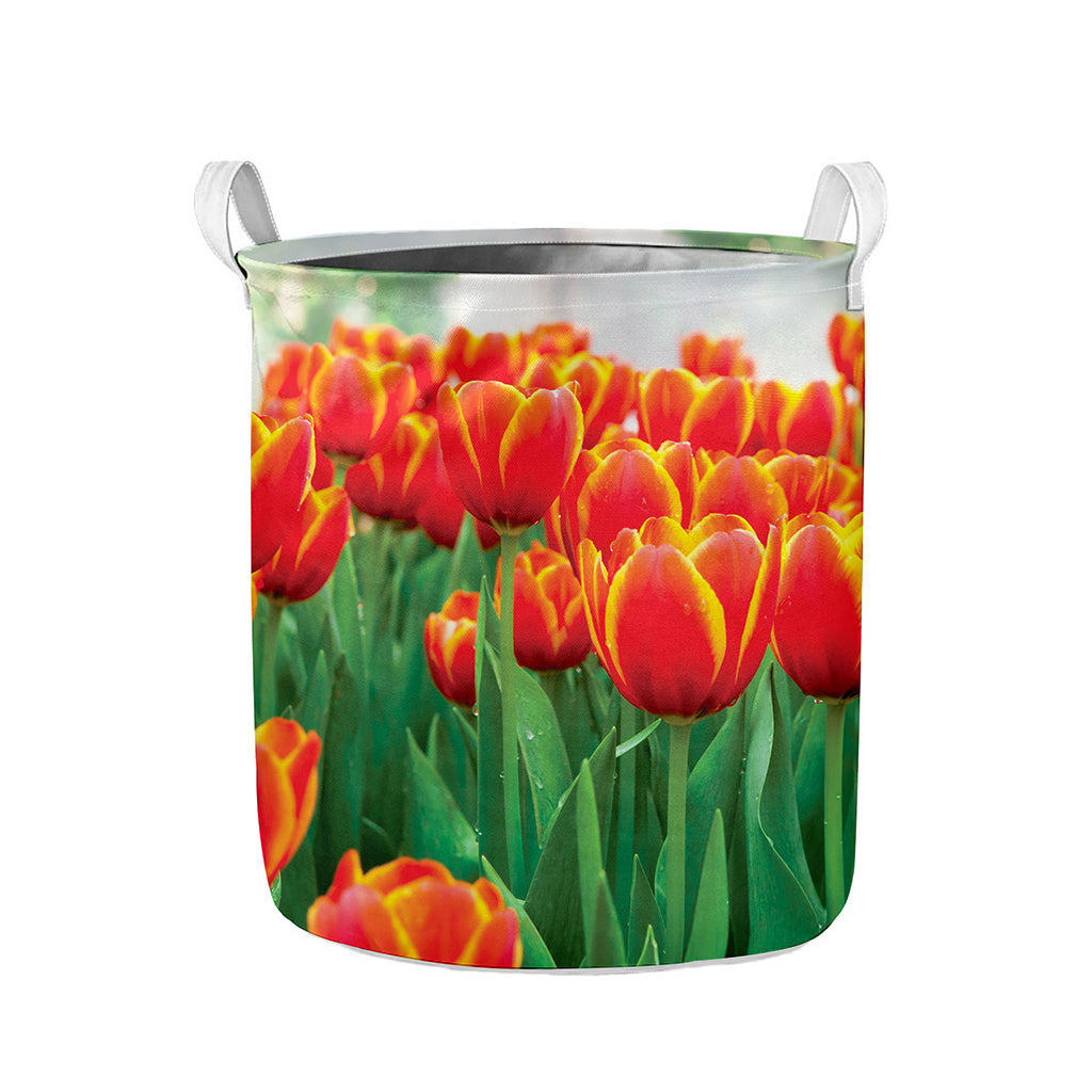 Red And Yellow Tulip Print Collapsible Laundry Basket