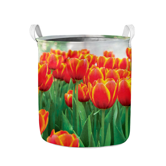 Red And Yellow Tulip Print Collapsible Laundry Basket