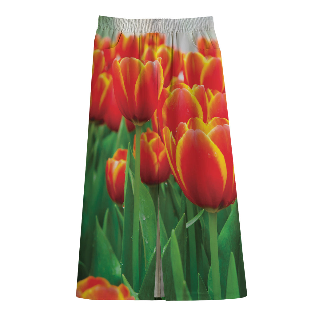 Red And Yellow Tulip Print Cotton Front Slit Maxi Skirt