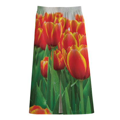 Red And Yellow Tulip Print Cotton Front Slit Maxi Skirt