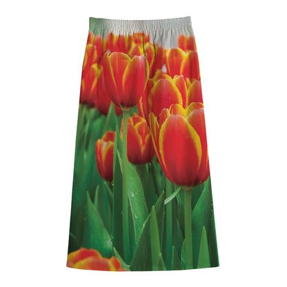 Red And Yellow Tulip Print Cotton Front Slit Maxi Skirt