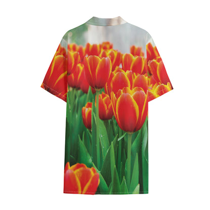 Red And Yellow Tulip Print Cotton Hawaiian Shirt