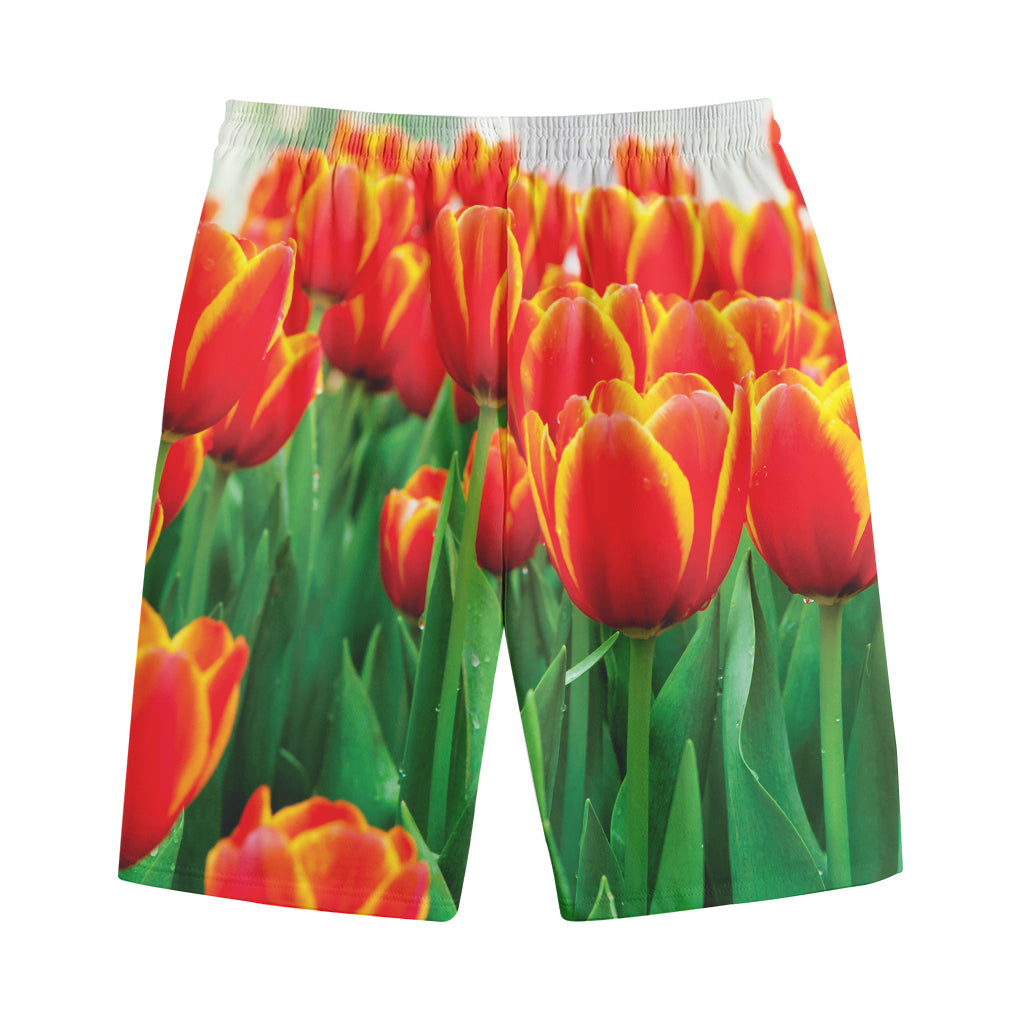 Red And Yellow Tulip Print Cotton Shorts