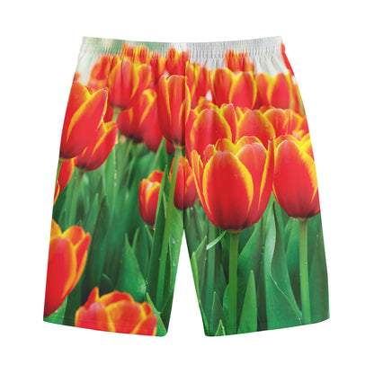 Red And Yellow Tulip Print Cotton Shorts