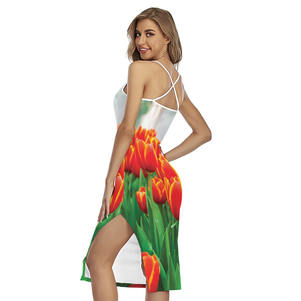 Red And Yellow Tulip Print Cross Back Cami Dress