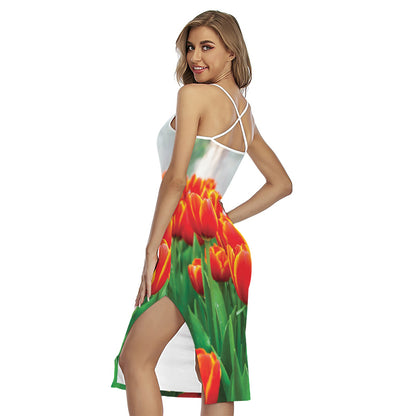 Red And Yellow Tulip Print Cross Back Cami Dress