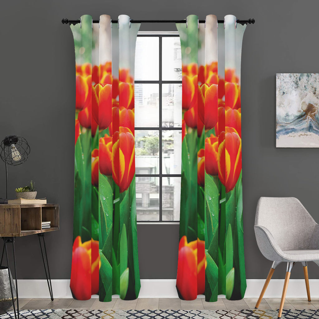 Red And Yellow Tulip Print Curtain