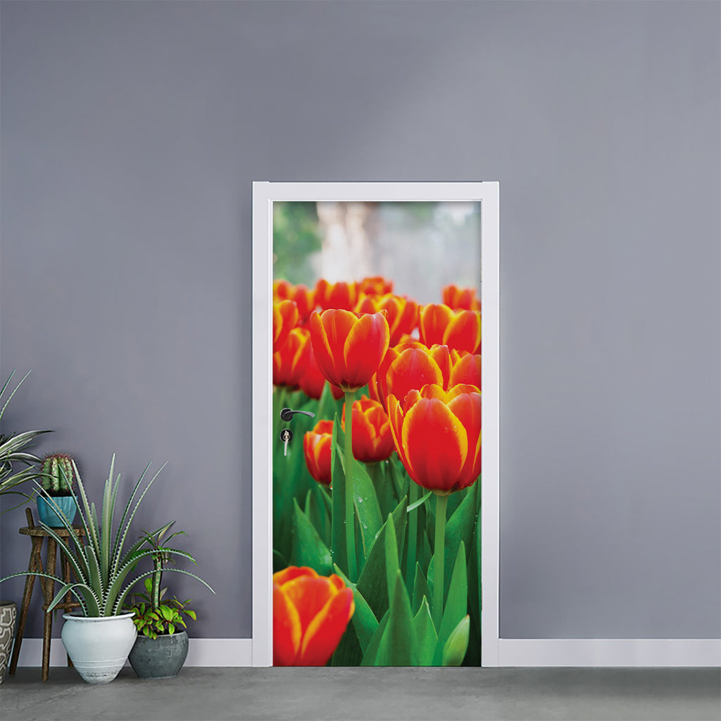 Red And Yellow Tulip Print Door Sticker