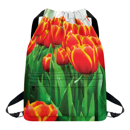 Red And Yellow Tulip Print Drawstring Backpack