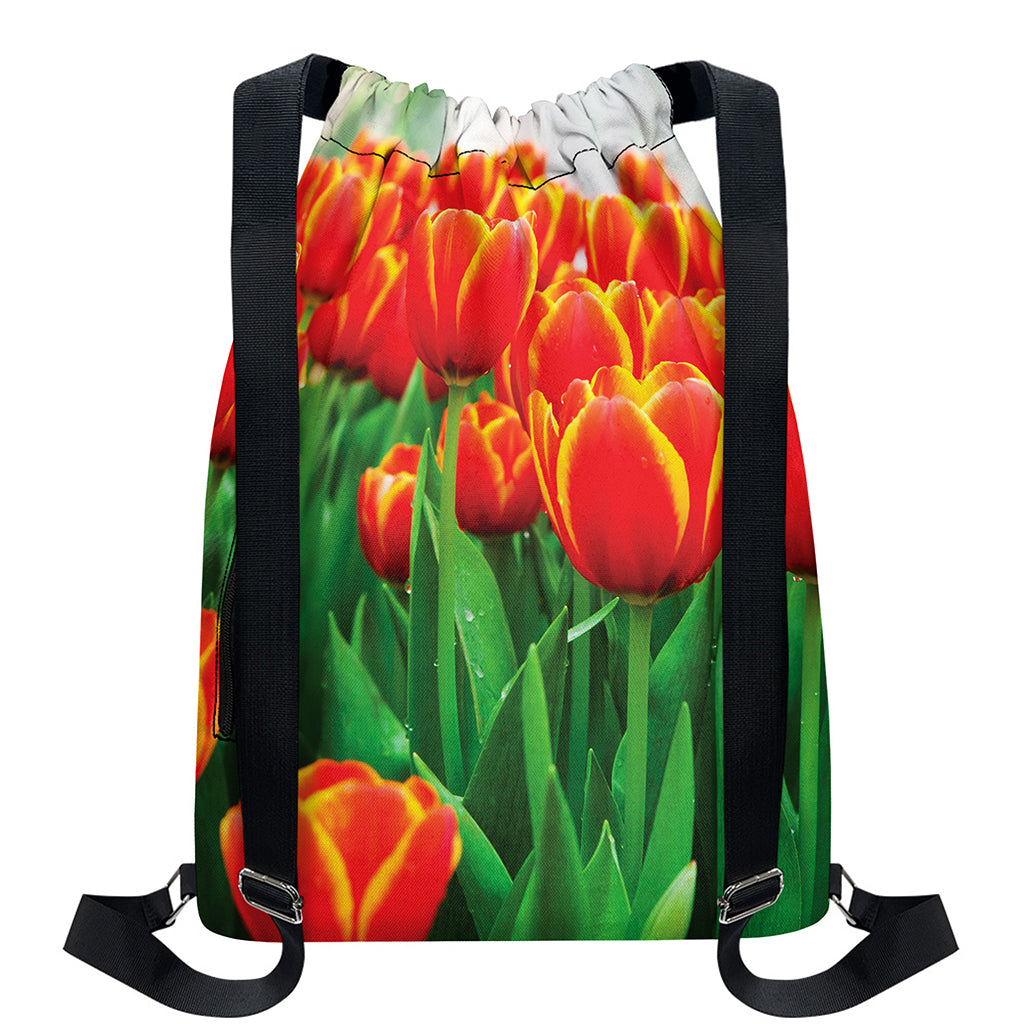 Red And Yellow Tulip Print Drawstring Backpack