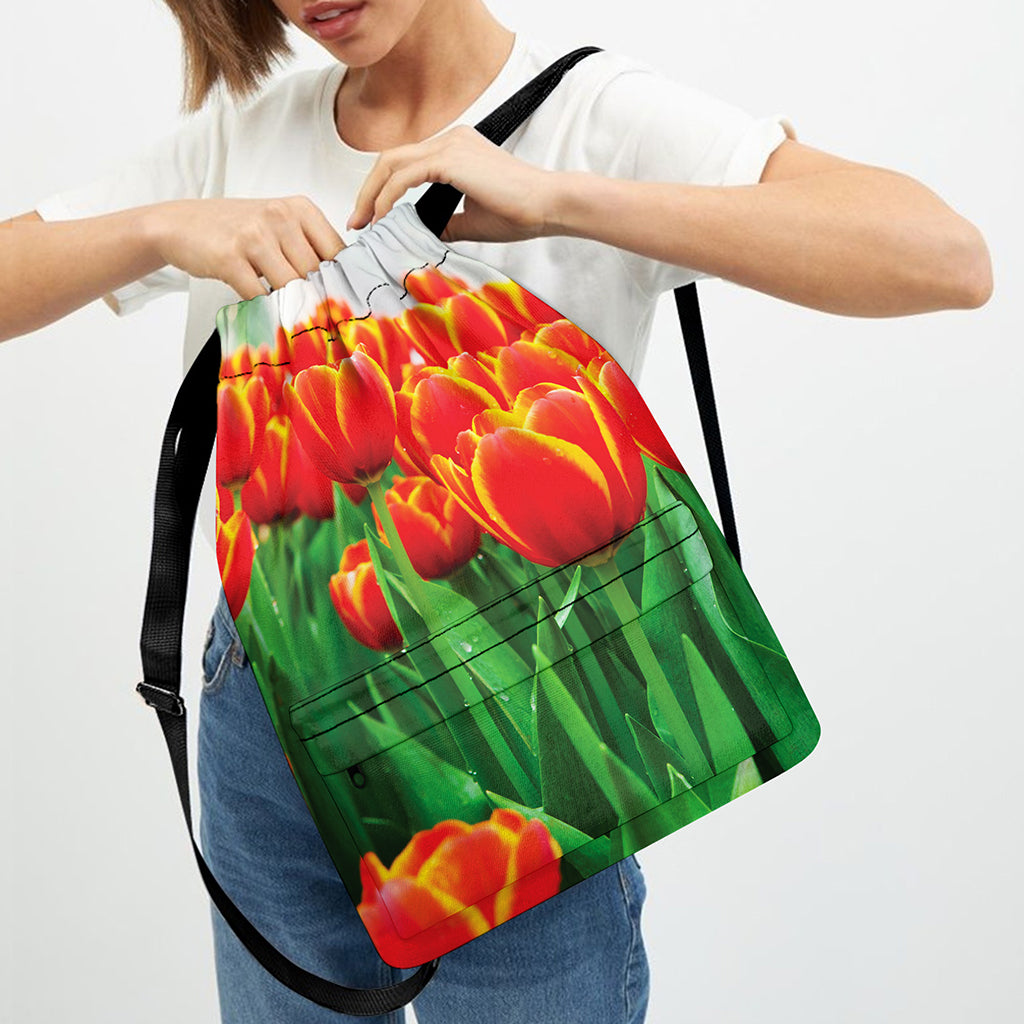 Red And Yellow Tulip Print Drawstring Backpack